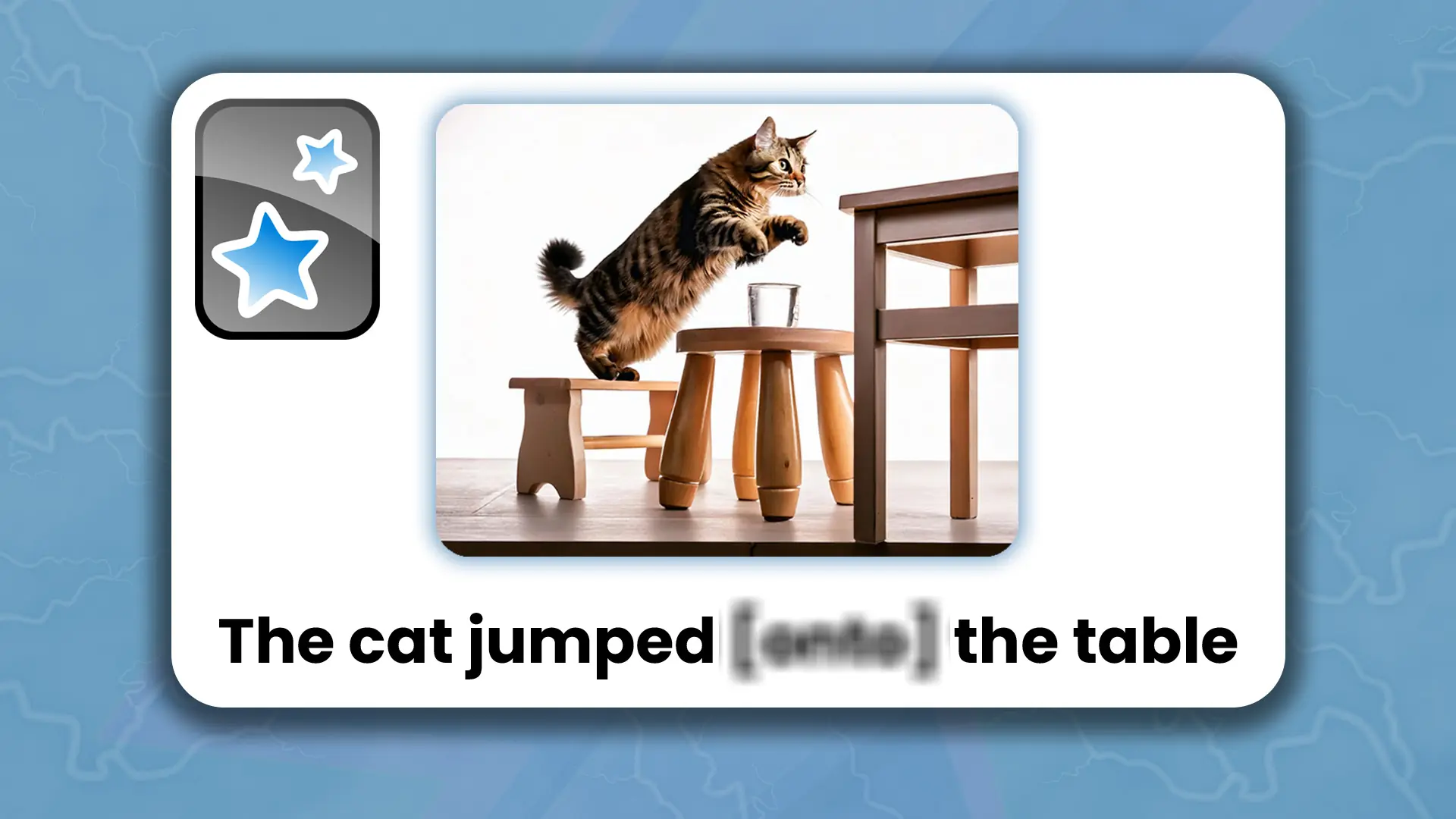 Anki flashcard voor grammatica met afbeelding van kat die op de tafel spring, en tekst eronder.